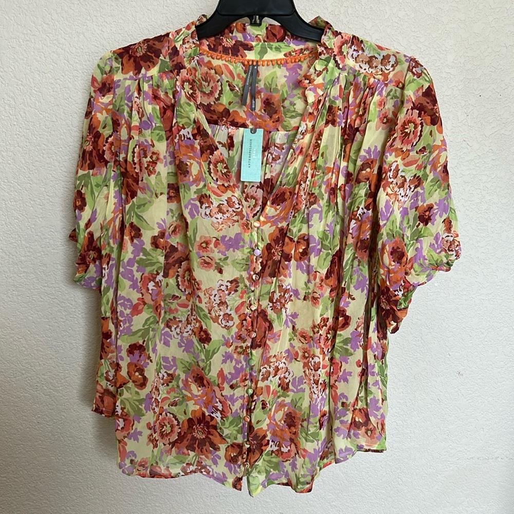 Anthropologie Floral Ruffle-Neck Blouse – Size 1X (NWT)